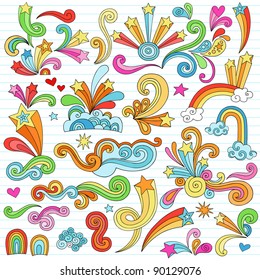 Hand-Drawn Psychedelic Groovy Notebook Doodle Design Elements Set on Lined Sketchbook Paper Background- Vector Illustration