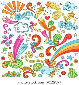 Hand-Drawn Psychedelic Groovy Notebook Doodle Design Elements Set on Lined Sketchbook Paper Background- Vector Illustration