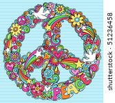 Hand-Drawn Psychedelic Groovy Peace Sign and Dove Notebook Doodles on Lined Sketchbook Paper Background- Vector Illustration