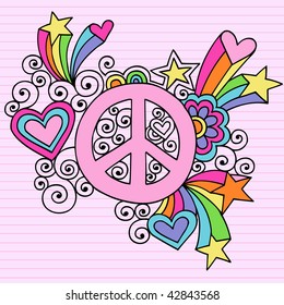 Hand-Drawn Psychedelic Groovy Peace Sign Notebook Doodles on Lined Paper Background- Vector Illustration