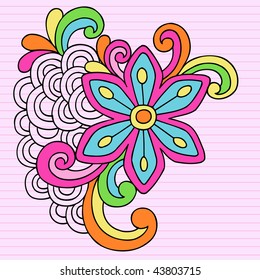 Hand-Drawn Psychedelic Notebook Doodle Flower on Lined Paper Background- Vector Illustration