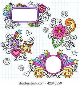 Hand-Drawn Psychedelic Notebook Doodle Frames on Graph (Grid) Paper Background- Vector Illustration