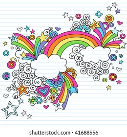 Hand-Drawn Psychedelic Rainbow, Clouds, and Stars Notebook Doodle on Lined Paper Background- Vector Illustration