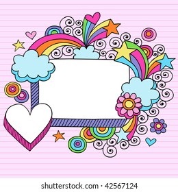 Hand-Drawn Psychedelic Stars, Rainbow, and Clouds Notebook Doodle Frame on Lined Paper Background- Vector Illustration