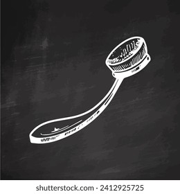 Hand-drawn puff sponge for makeup on the handle, beauty cosmetic element, self care on chalkboard background. Illustration for beauty salon. Doodle sketch style. 