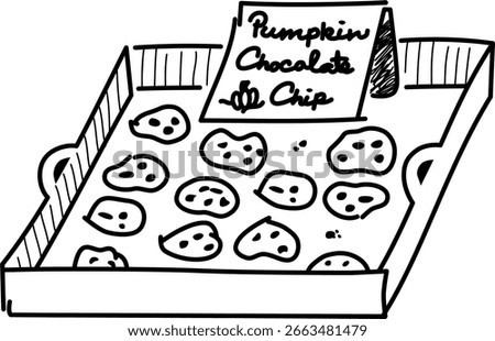 Hand-drawn pumpkin chocolate chip cookie vector doodle. Tray of pumpkin chocolate chip cookies. Happy fall recipes.