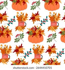 HandDrawn Pumpkin and Cup with Colorful Autumn Leaves Composition Seamless Pattern Autumnal Backdrop