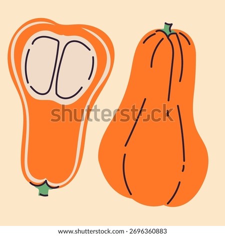 Hand-drawn pumpkin illustration in flat, doodle, minimalist style. Simple vector design featuring whole pumpkin , slices, and branches. Perfect for food packaging, kitchen prints, menus, and healthy 