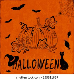 Hand-drawn pumpkin on vintage background. Halloween set