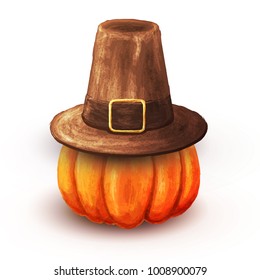 Hand-drawn pumpkin and Pilgrim hat vector isolated illustration on a Thanksgiving.