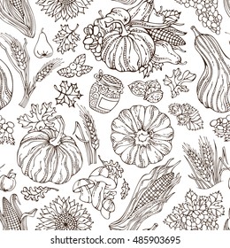 Hand-drawn pumpkin, wheat, corn, grape, cranberry, jam, autumn leaf, nut, sunflower, apple, pear, mushroom. Boundless duotone harvest background.
