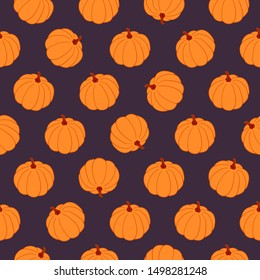 Hand-drawn pumpkins vector seamless pattern on purple background