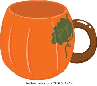 Hand-drawn pumpkin-shaped mug with a leaf handle detail, perfect for autumn beverages, cozy kitchen illustrations, seasonal decor, and Thanksgiving themes.