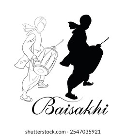 Hand-drawn Punjabi dance illustration, A vector silhouette of Indian folk, A line art of Baisakhi festival