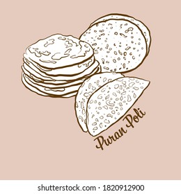 Ilustración del pan Puran Poli dibujada a mano. Pan de hadas, normalmente conocido en la India. Serie de dibujo de vectores.