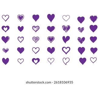 Hand-Drawn Purple Heart Clipart Collection Icons, Vector Illustrator EPS Fully Editable File.