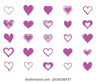 Hand-Drawn Purple Heart Clipart Collection Icons, Vector Illustrator EPS Fully Editable File.
