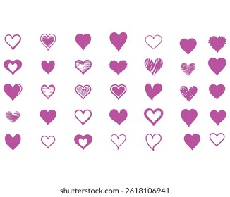 Hand-Drawn Purple Heart Clipart Collection Icons, Vector Illustrator EPS Fully Editable File.