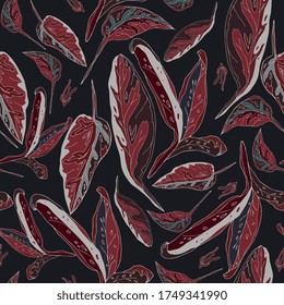 Hand-drawn purple palm leaves on dark, black color background. Seamless vector floral pattern. Square repeating design for fabric and wallpaper.