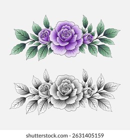 Hand-Drawn Purple Rose Floral Border Sticker Design | Botanical Line Art