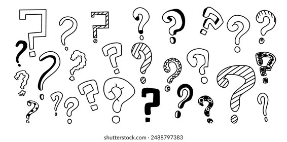 Hand-drawn question mark icons on white background. Variety of icons each depicted in charming monochrome line art style perfect for adding intrigue