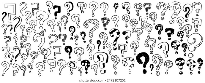 Hand-drawn question mark icons on white background. Variety of icons each depicted in charming monochrome line art style perfect for adding intrigue