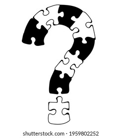 Hand-drawn question mark made up of jigsaw puzzles in doodle style. Sketch style icon. Isolated on white background