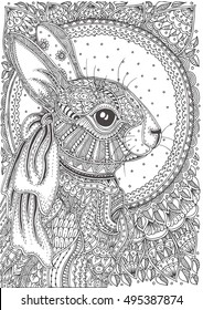 Hand-drawn rabbit with ethnic floral doodle pattern. Coloring page - zendala, design for coloring for adults, vector illustration, isolated on a white background. Zen doodles.