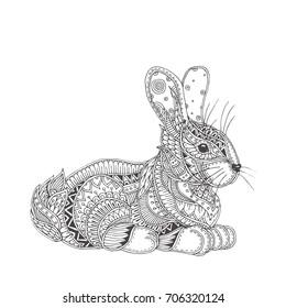 Hand-drawn rabbit with ethnic floral doodle pattern. Coloring page - zendala, design for spiritual relaxation for adults, vector illustration, isolated on a white background. Zen doodles.