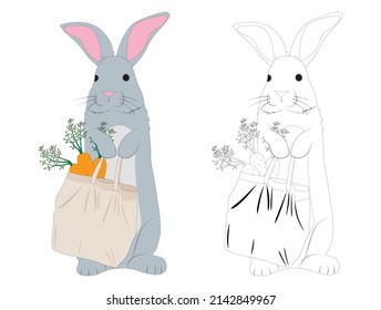 hand-drawn rabbit holding a carrot bag