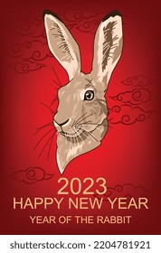 Hand-drawn rabbit, zodiac sign, Chinese horoscope. The symbol of 2023. Eastern horoscope. banner, red envelopes, clouds, korean, japanese holiday. Vector illustration