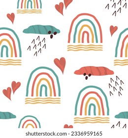 hand-drawn rainbow, clouds, dot, heart. Fashionable retro background with texture. for print, wallpaper, paper, banner. art  vector illustration.