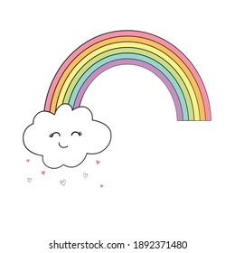 Un arco iris dibujado a mano con unas nubes bonitas. Vector de ilustración