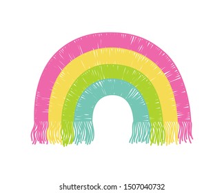 Hand-drawn rainbow, fringe embroidery, Scandinavian style. Printing on a t-shirt. Isolated vector illustration on white background.