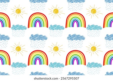 Hand-drawn rainbows, sunny and rainy weather icons in a cheerful seamless pattern with vibrant colors on white.