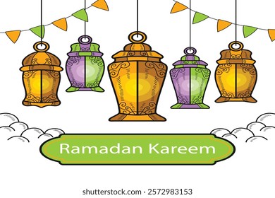 Hand-drawn Ramadan illustration featuring Islamic art, crescent moon, lanterns, and calligraphy. Perfect for festive designs, cards, posters, and decorations.

