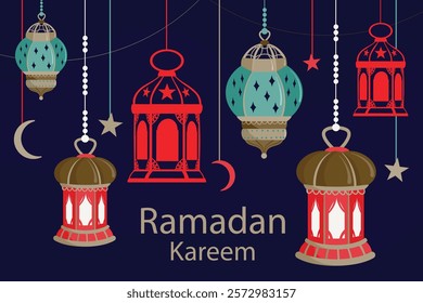 Hand-drawn Ramadan illustration featuring Islamic art, crescent moon, lanterns, and calligraphy. Perfect for festive designs, cards, posters, and decorations.

