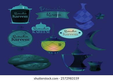 Hand-drawn Ramadan illustration featuring Islamic art, crescent moon, lanterns, and calligraphy. Perfect for festive designs, cards, posters, and decorations.

