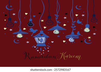 Hand-drawn Ramadan illustration featuring Islamic art, crescent moon, lanterns, and calligraphy. Perfect for festive designs, cards, posters, and decorations.

