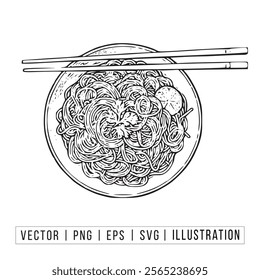 Hand-Drawn Ramen Bowl with Basil - PNG, EPS Formats