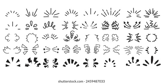 Rayos dibujados a mano y explosión. Doodle cepillo líneas de adorno y símbolo de sorpresa. Estallido solar, marco impactado, brillar Elementos de estallido sobre fondo blanco