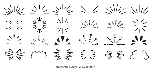 Hand-drawn rays and explosion. Doodle brush ornament lines and surprise symbol. Sun burst, shocked frame, shine starburst elements on white background