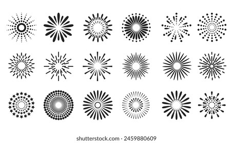 Hand-drawn rays and explosion. Doodle brush ornament lines and surprise symbol. Sun burst, shocked frame, shine starburst elements on white background