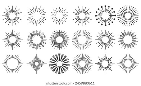 Hand-drawn rays and explosion. Doodle brush ornament lines and surprise symbol. Sun burst, shocked frame, shine starburst elements on white background