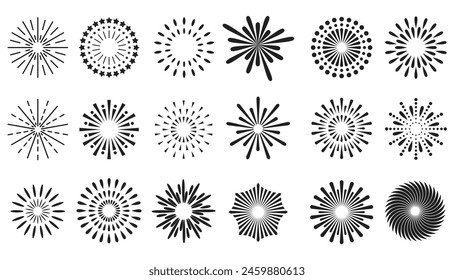 Hand-drawn rays and explosion. Doodle brush ornament lines and surprise symbol. Sun burst, shocked frame, shine starburst elements on white background