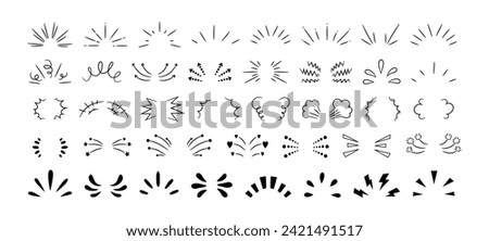 Hand-drawn rays and explosion. Doodle brush ornament lines and surprise symbol. Sun burst, shocked frame, shine starburst elements on white background. Vector set. Sunlight, firework beams