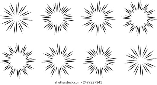 Hand-drawn rays and retro Sunburst shape set. Brush ornament lines sun icons and sunbeam collection. Hand drawn design elements, starburst logo, labels, badges, linear drawing, design. Sunburst symbol
