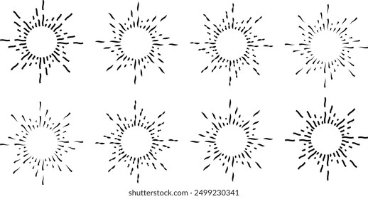 Hand-drawn rays and retro Sunburst shape set. Brush ornament lines sun icons and sunbeam collection. Hand drawn design elements, starburst logo, labels, badges, linear drawing, design. Sunburst symbol