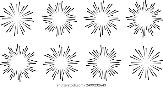 Hand-drawn rays and retro Sunburst shape set. Brush ornament lines sun icons and sunbeam collection. Hand drawn design elements, starburst logo, labels, badges, linear drawing, design