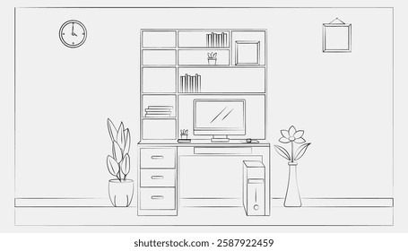 Hand-drawn Reading room isolated on a white background vector illustration. Line interior of living room with furniture